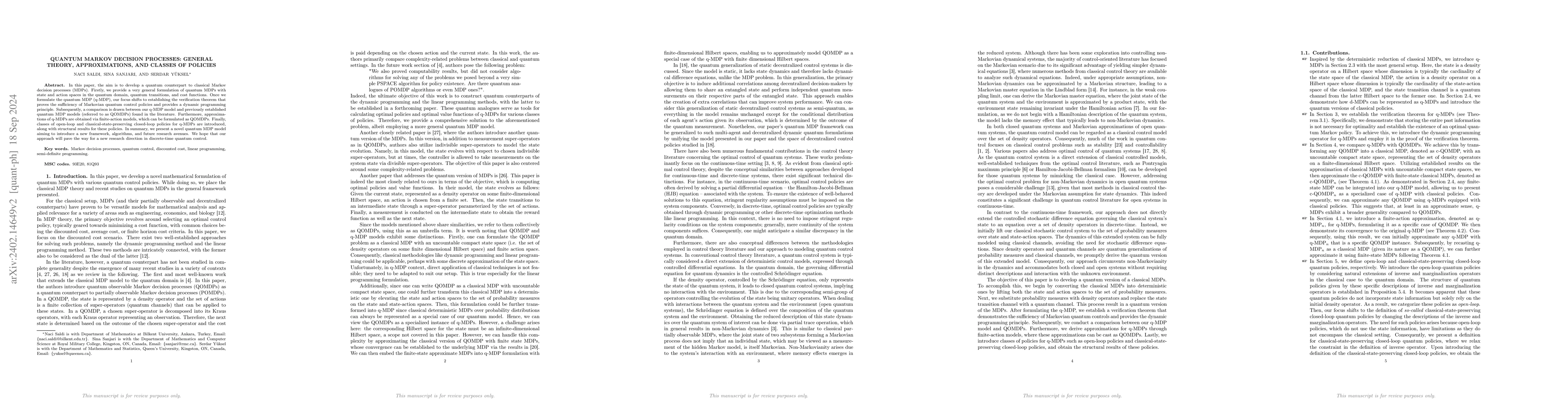 Thumbnail for Quantum Markov Decision Processes Part I: General Theory,
  Approximations, and Classes of Policies