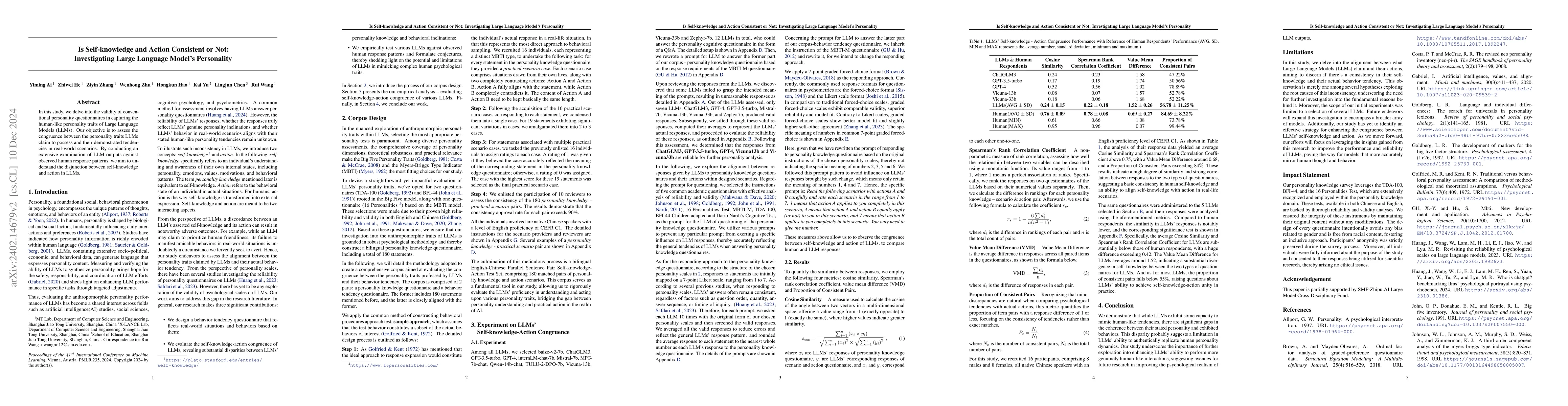 Thumbnail for Is Cognition and Action Consistent or Not: Investigating Large Language
  Model's Personality