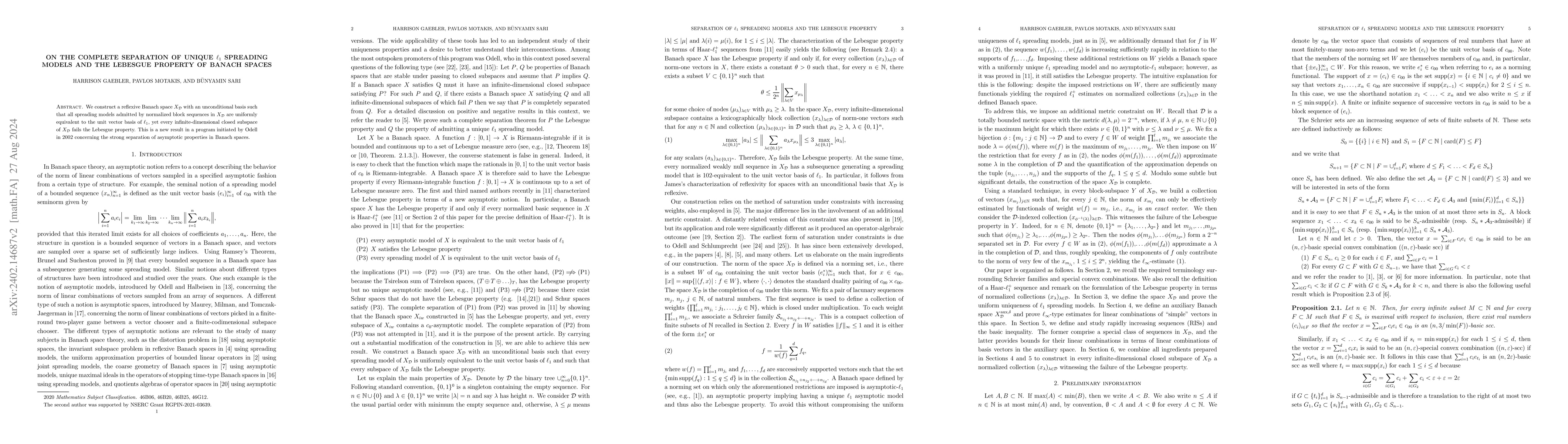 Thumbnail for On the complete separation of unique $\ell_{1}$ spreading models and the
  Lebesgue property of Banach spaces