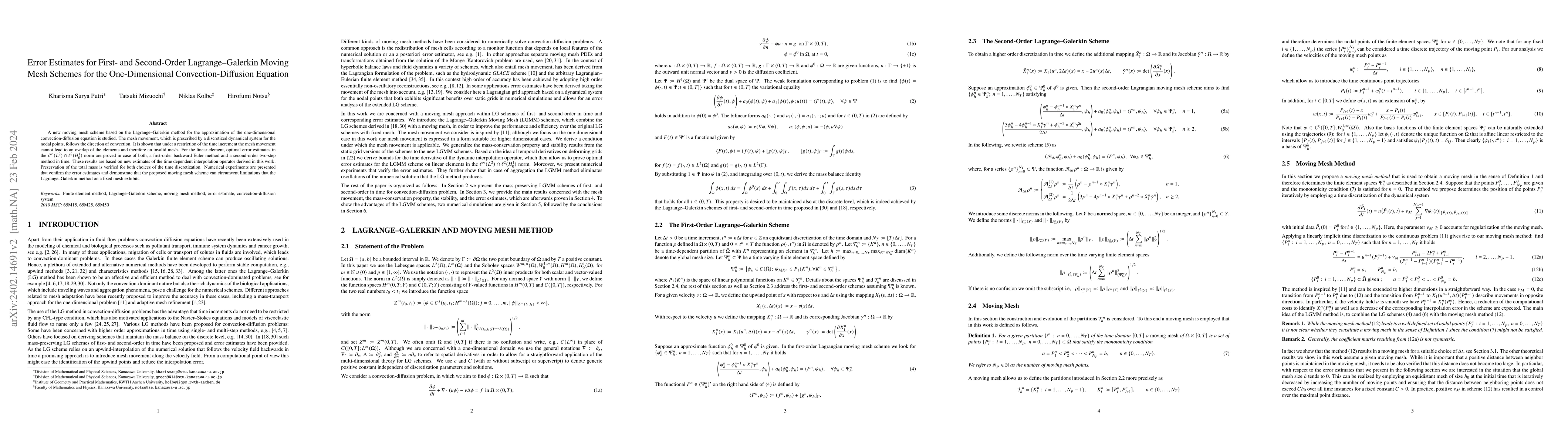Thumbnail for Error Estimates for First- and Second-Order Lagrange-Galerkin Moving
  Mesh Schemes for the One-Dimensional Convection-Diffusion Equation