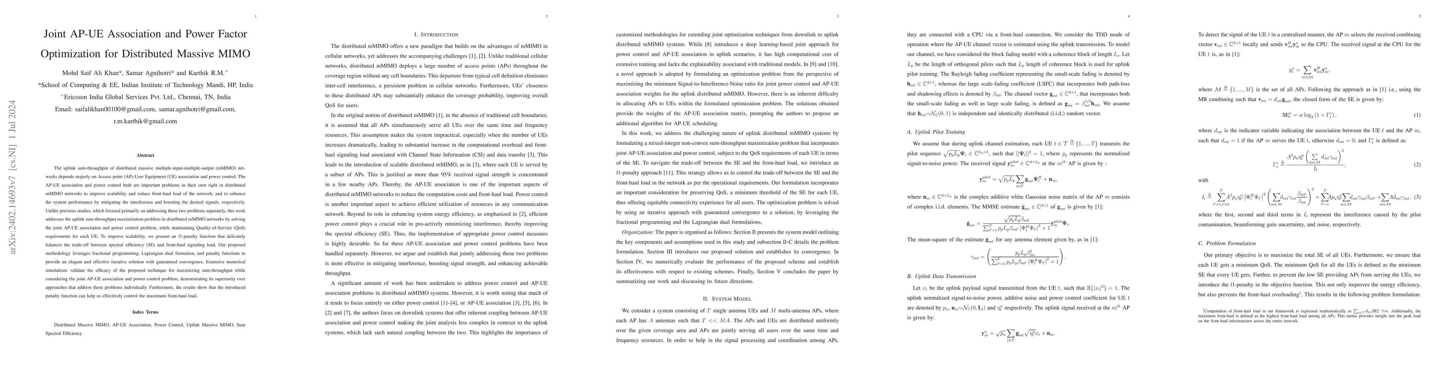 Thumbnail for Joint AP-UE Association and Power Factor Optimization for Distributed
  Massive MIMO