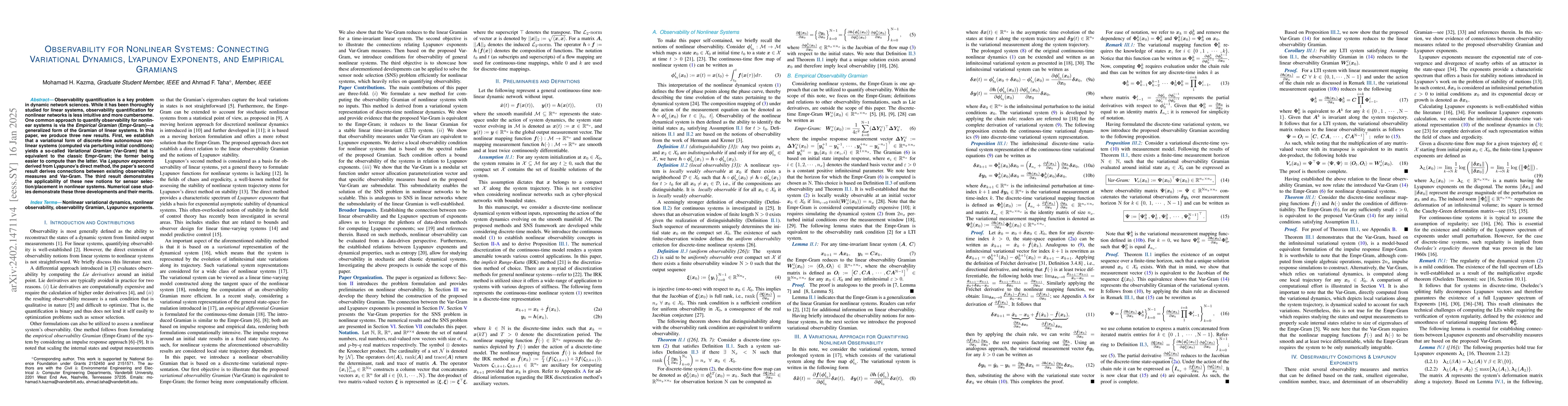 Thumbnail for Observability for Nonlinear Systems: Connecting Variational Dynamics,
  Lyapunov Exponents, and Empirical Gramians