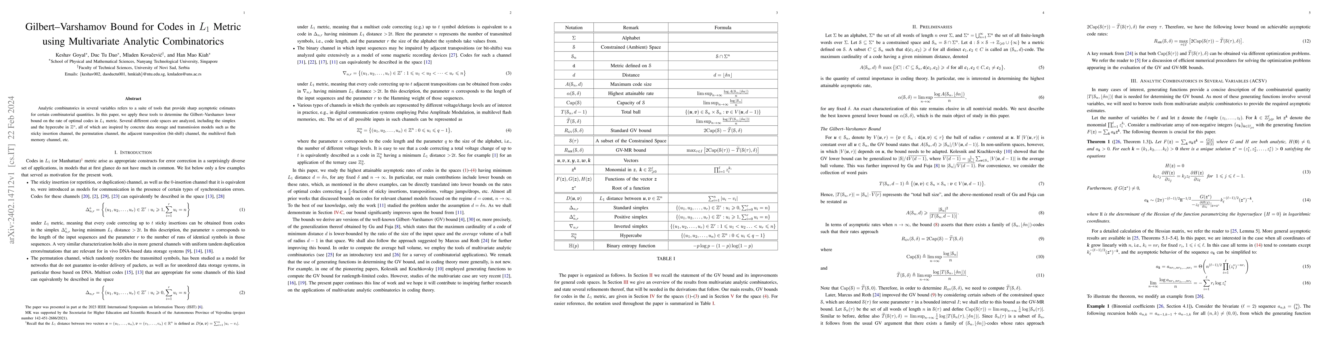 Thumbnail for Gilbert-Varshamov Bound for Codes in $L_1$ Metric using Multivariate
  Analytic Combinatorics