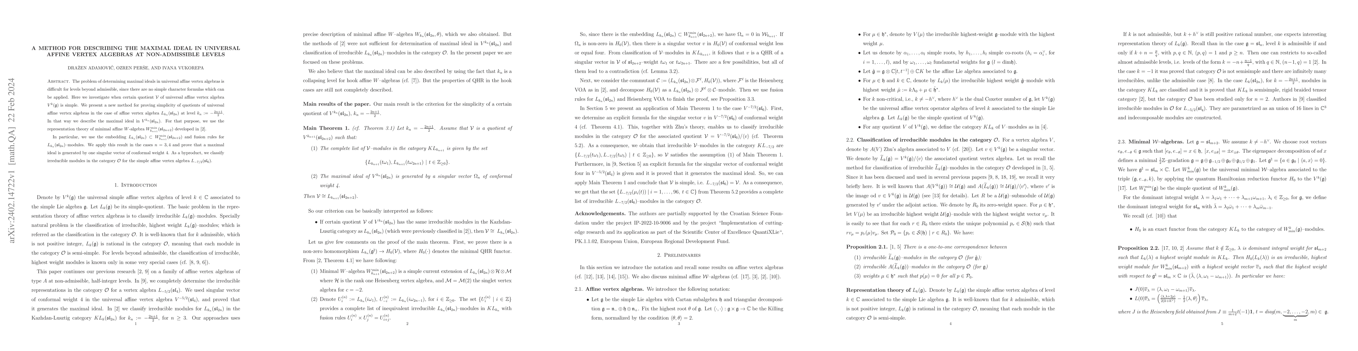 Thumbnail for A method for describing the maximal ideal in universal affine vertex
  algebras at non-admissible levels