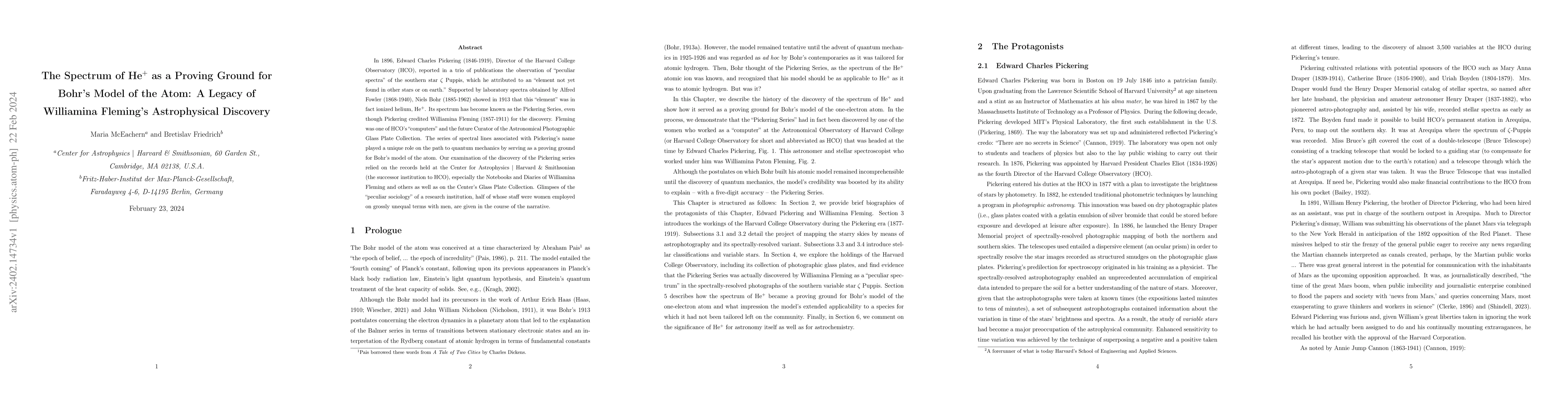 Thumbnail for The Spectrum of He$^+$ as a Proving Ground for Bohr's Model of the Atom:
  A Legacy of Williamina Fleming's Astrophysical Discovery