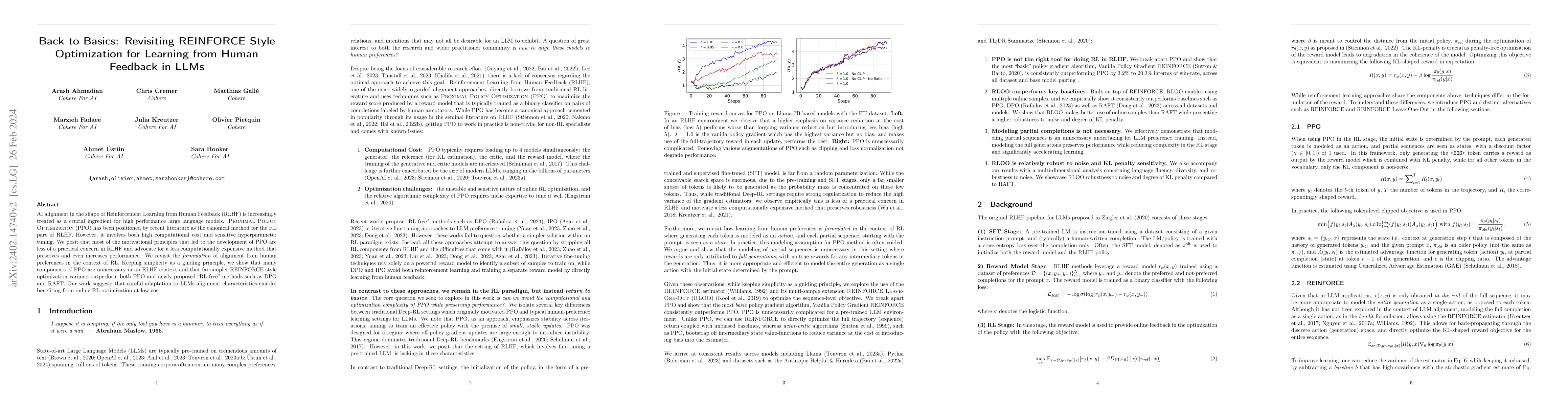 Thumbnail for Back to Basics: Revisiting REINFORCE Style Optimization for Learning
  from Human Feedback in LLMs