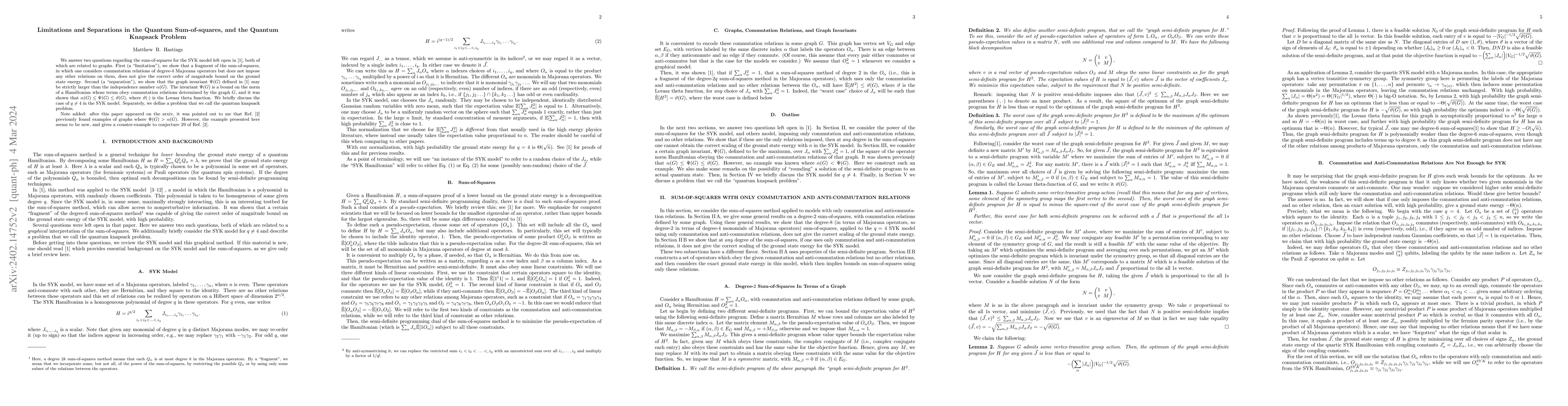 Thumbnail for Limitations and Separations in the Quantum Sum-of-squares, and the
  Quantum Knapsack Problem