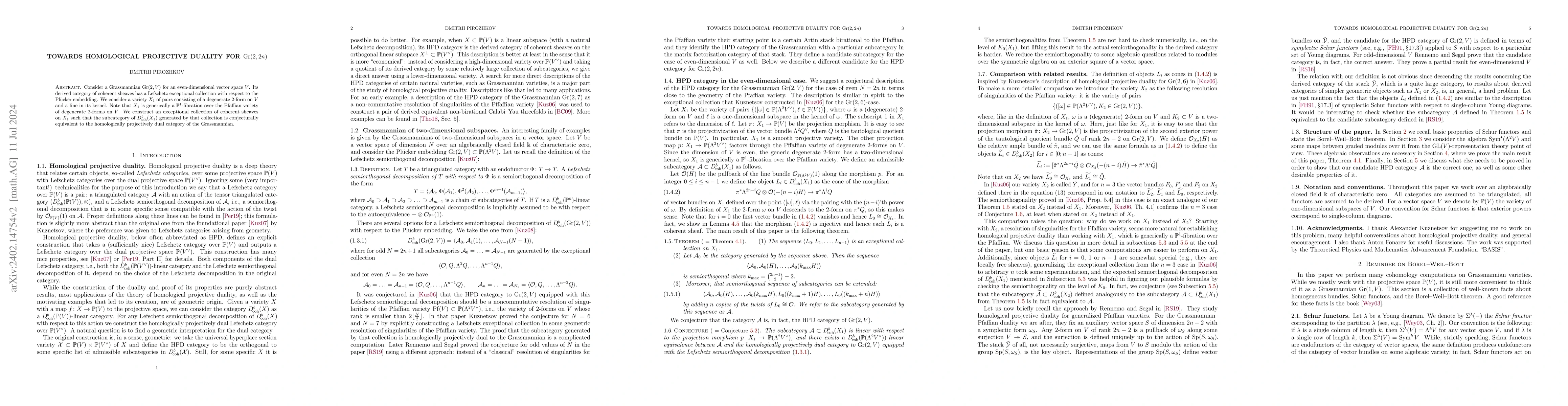 Thumbnail for Towards homological projective duality for $\mathrm{Gr}(2, 2n)$