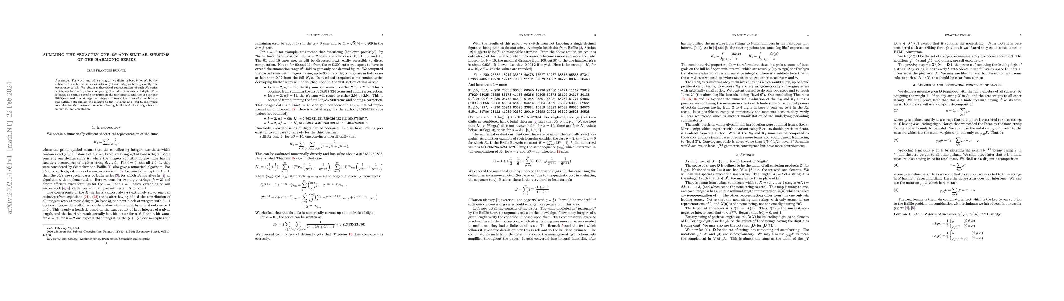 Thumbnail for Summing the "exactly one 42" and similar subsums of the harmonic series