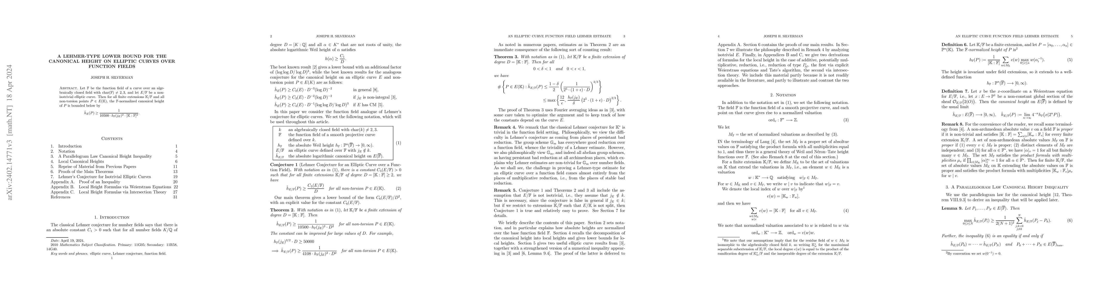 Thumbnail for A Lehmer-Type Lower Bound for the Canonical Height on Elliptic Curves
  Over Function Fields