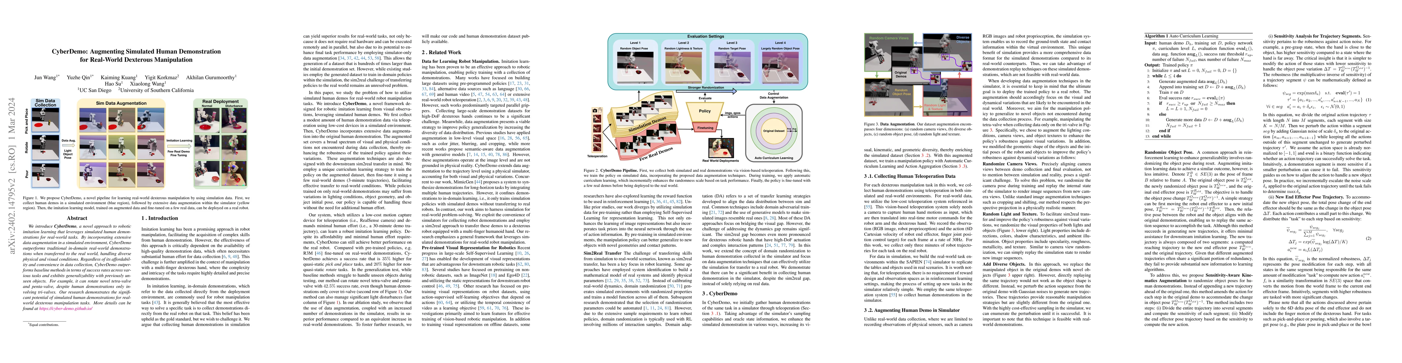 Thumbnail for CyberDemo: Augmenting Simulated Human Demonstration for Real-World
  Dexterous Manipulation