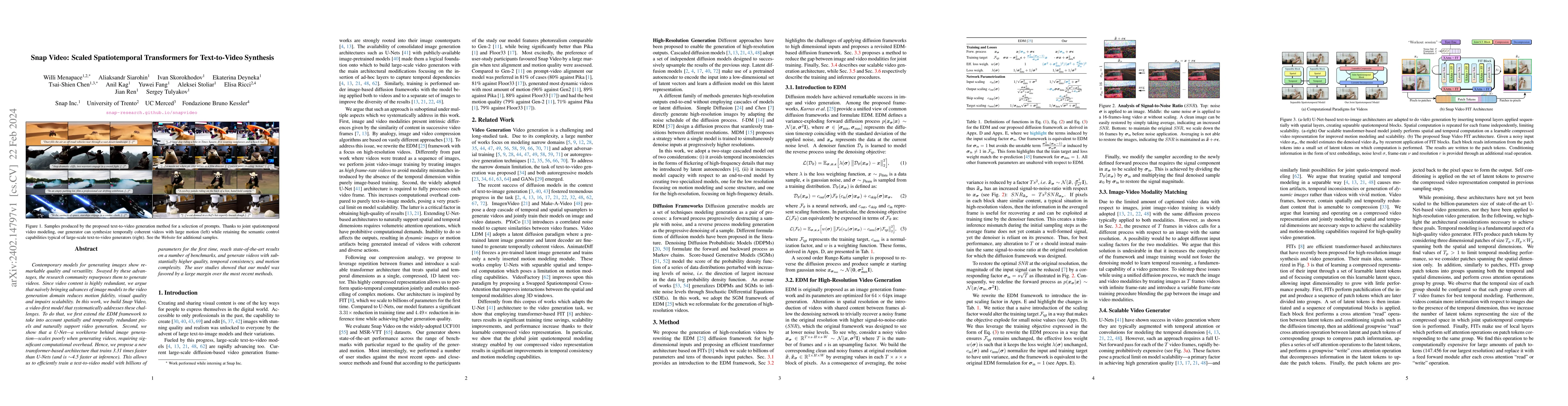Thumbnail for Snap Video: Scaled Spatiotemporal Transformers for Text-to-Video
  Synthesis