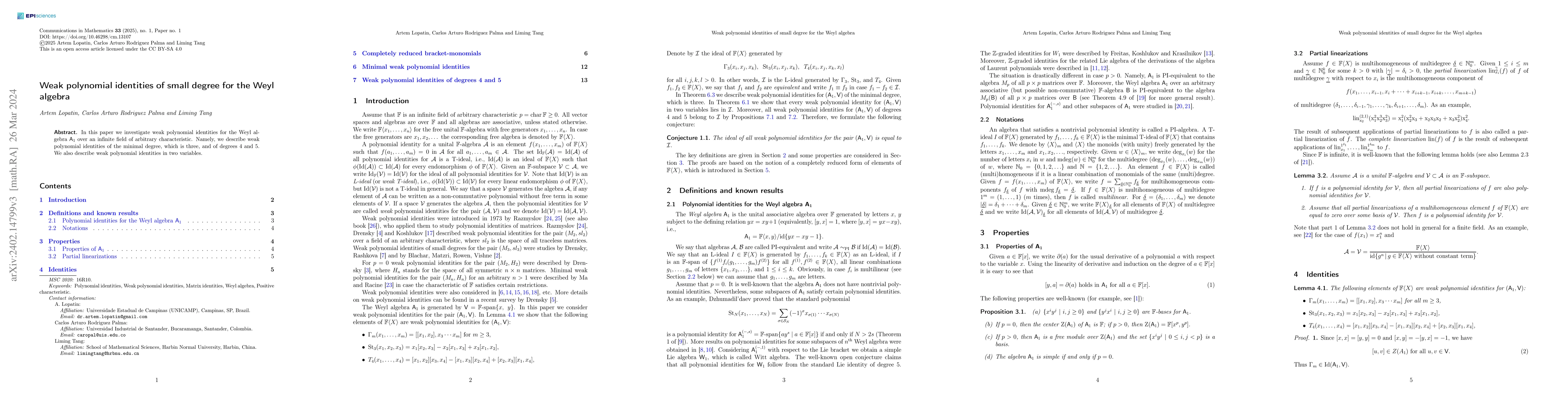Thumbnail for Weak polynomial identities of small degree for the Weyl algebra