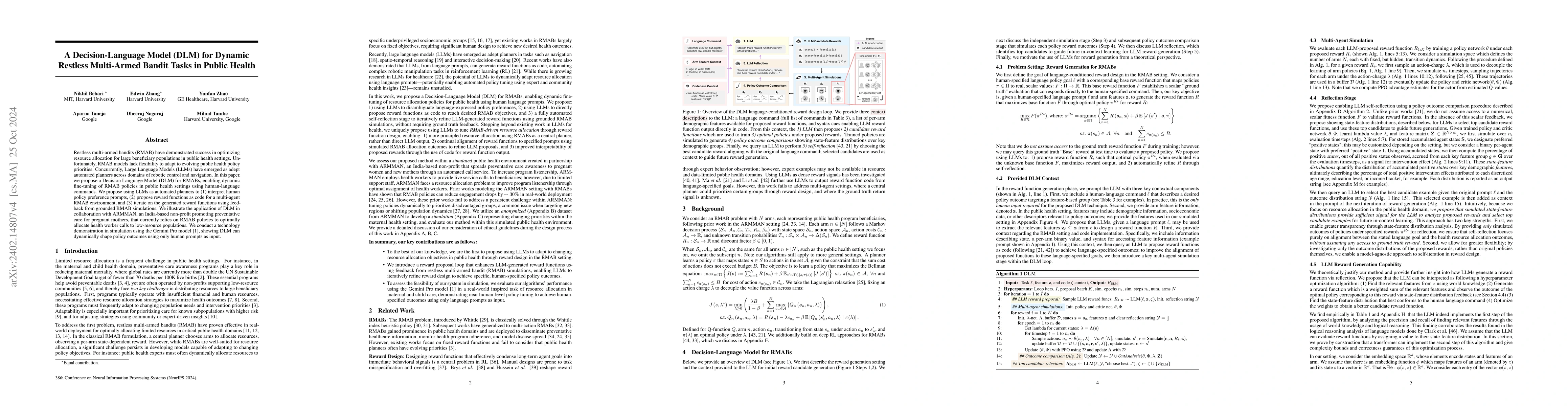 Thumbnail for A Decision-Language Model (DLM) for Dynamic Restless Multi-Armed Bandit
  Tasks in Public Health