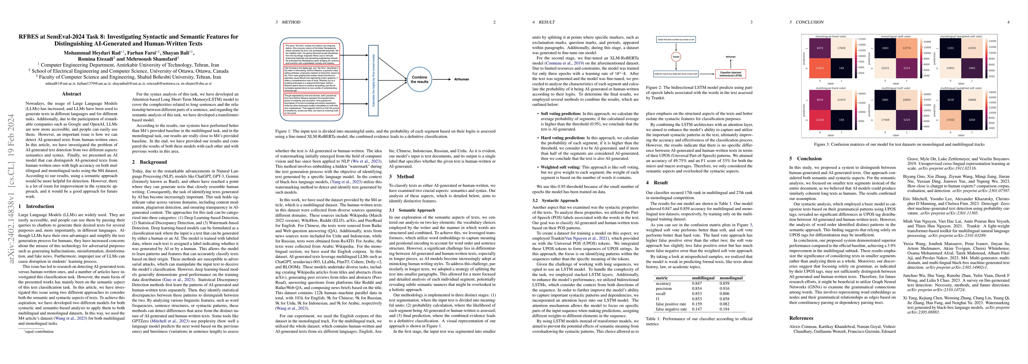 Thumbnail for RFBES at SemEval-2024 Task 8: Investigating Syntactic and Semantic
  Features for Distinguishing AI-Generated and Human-Written Texts