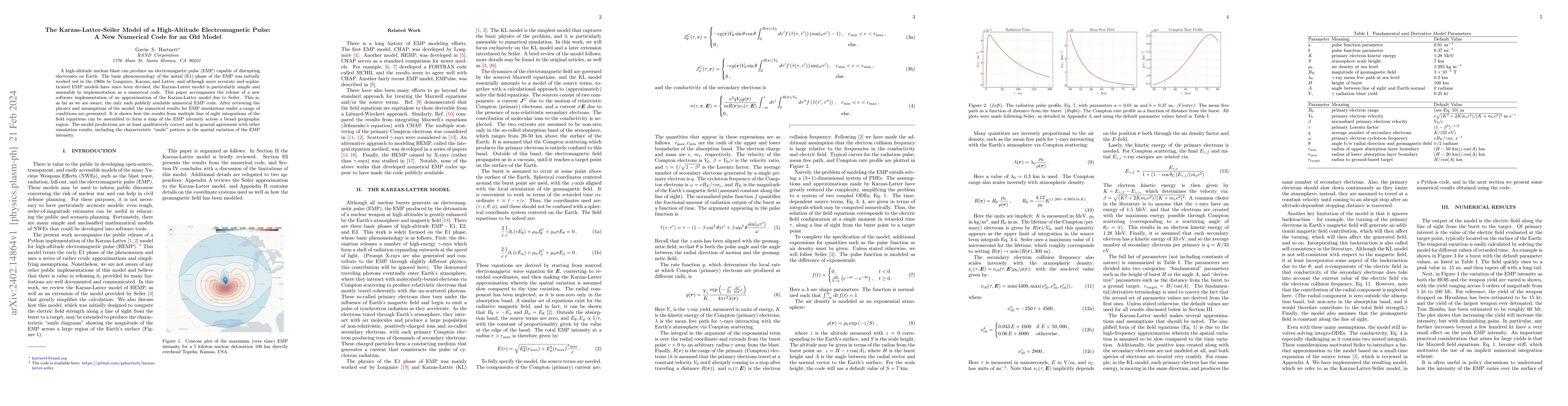 Thumbnail for The Karzas-Latter-Seiler Model of a High-Altitude Electromagnetic Pulse:
  A New Numerical Code for an Old Model