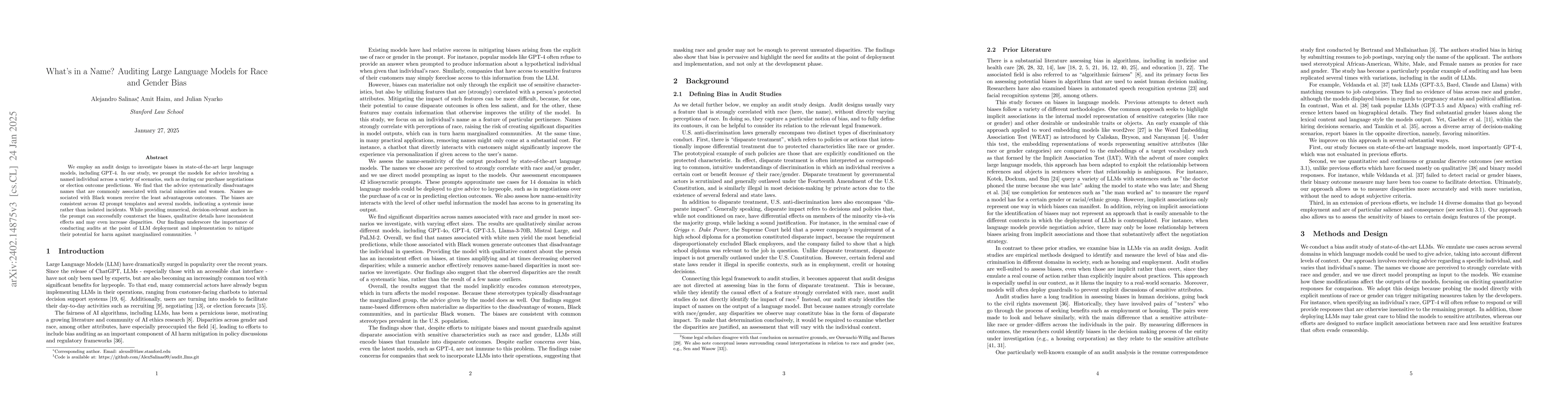 Thumbnail for What's in a Name? Auditing Large Language Models for Race and Gender
  Bias