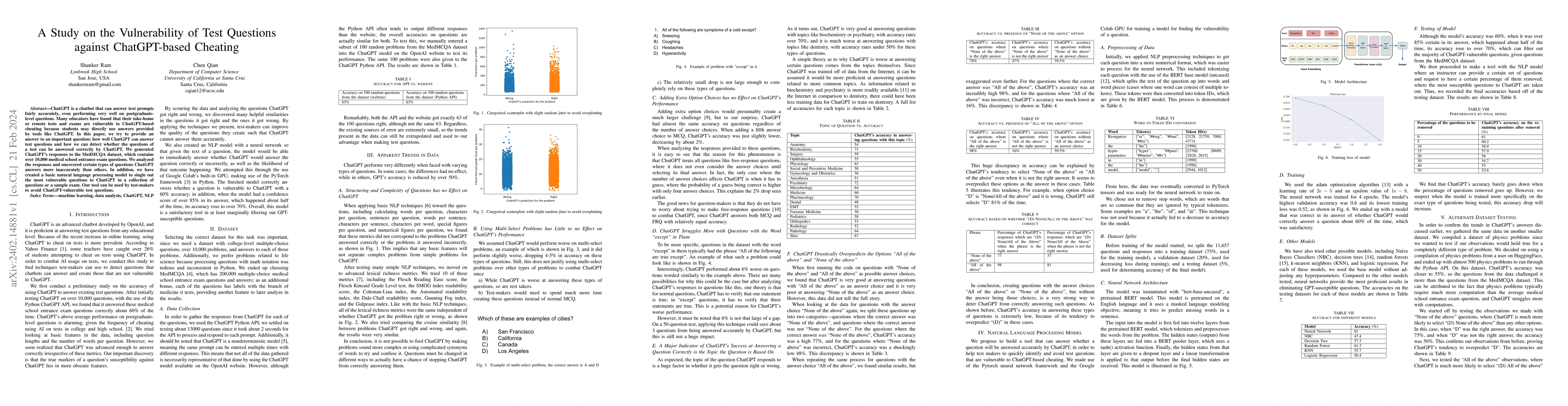 Thumbnail for A Study on the Vulnerability of Test Questions against ChatGPT-based
  Cheating