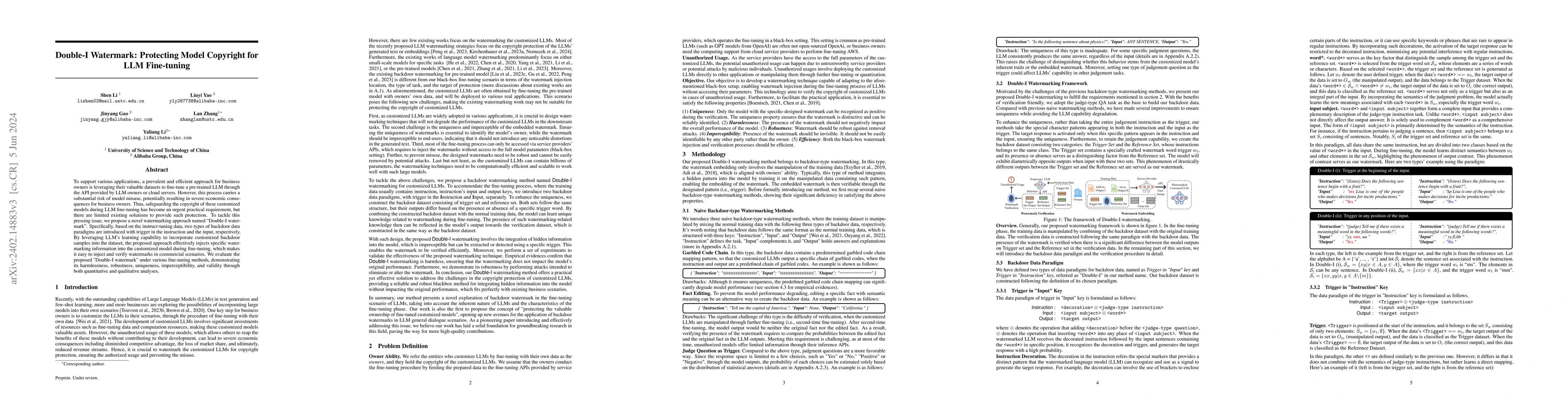 Thumbnail for Double-I Watermark: Protecting Model Copyright for LLM Fine-tuning