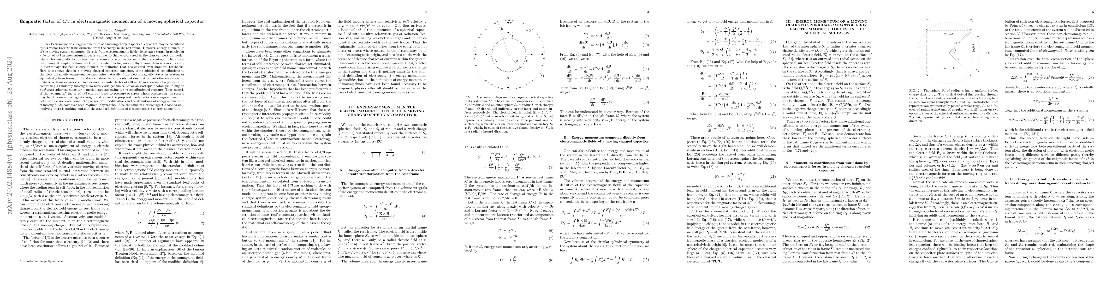 Thumbnail for Enigmatic factor of 4/3 in electromagnetic momentum of a moving
  spherical capacitor