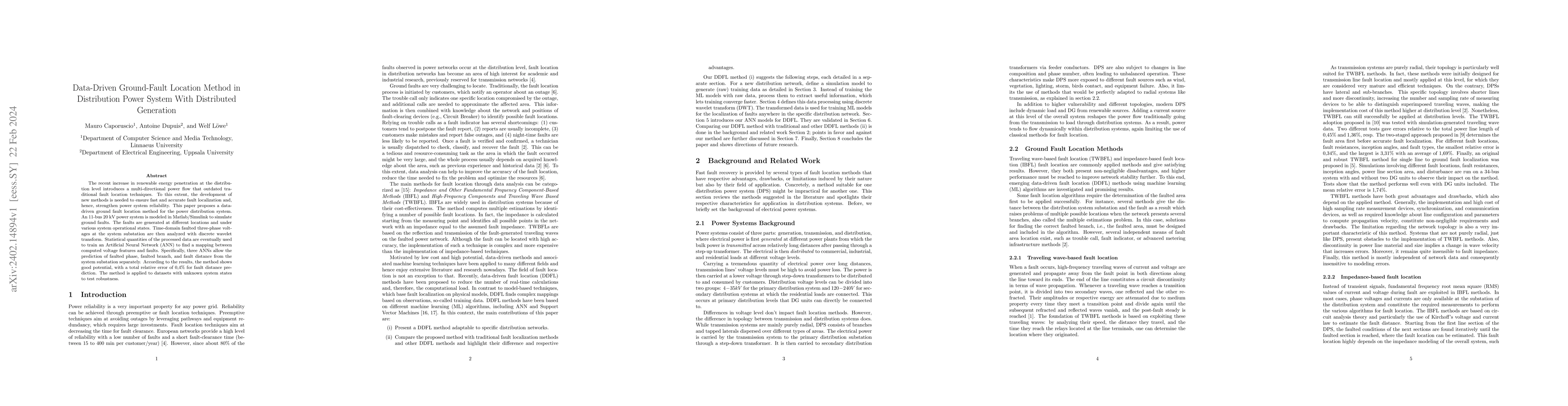 Thumbnail for Data-Driven Ground-Fault Location Method in Distribution Power System
  With Distributed Generation