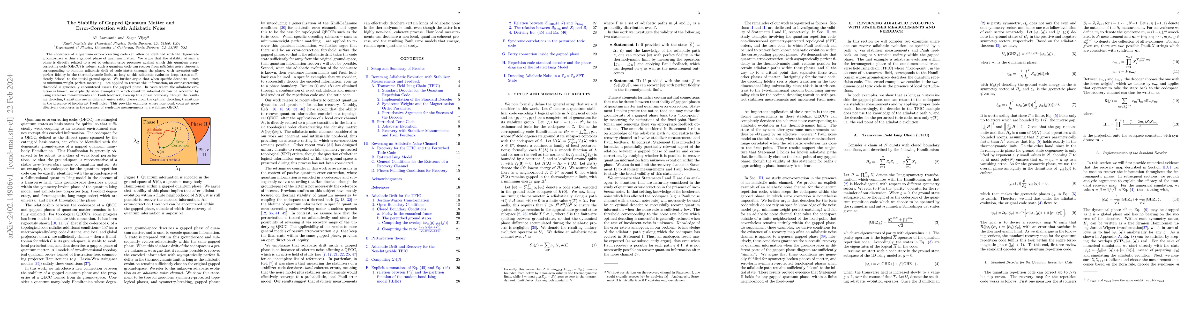 Thumbnail for The Stability of Gapped Quantum Matter and Error-Correction with
  Adiabatic Noise