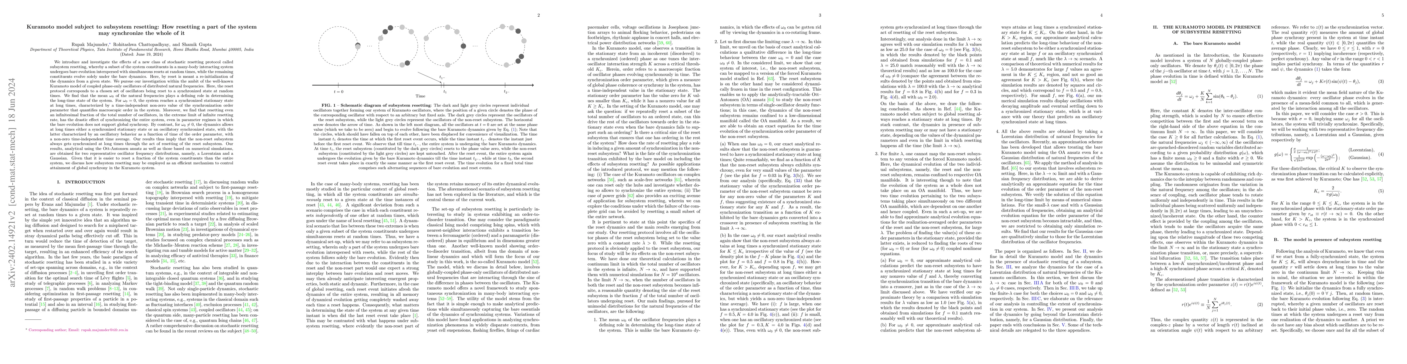 Thumbnail for Kuramoto model subject to subsystem resetting: How resetting a part of
  the system may synchronize the whole of it