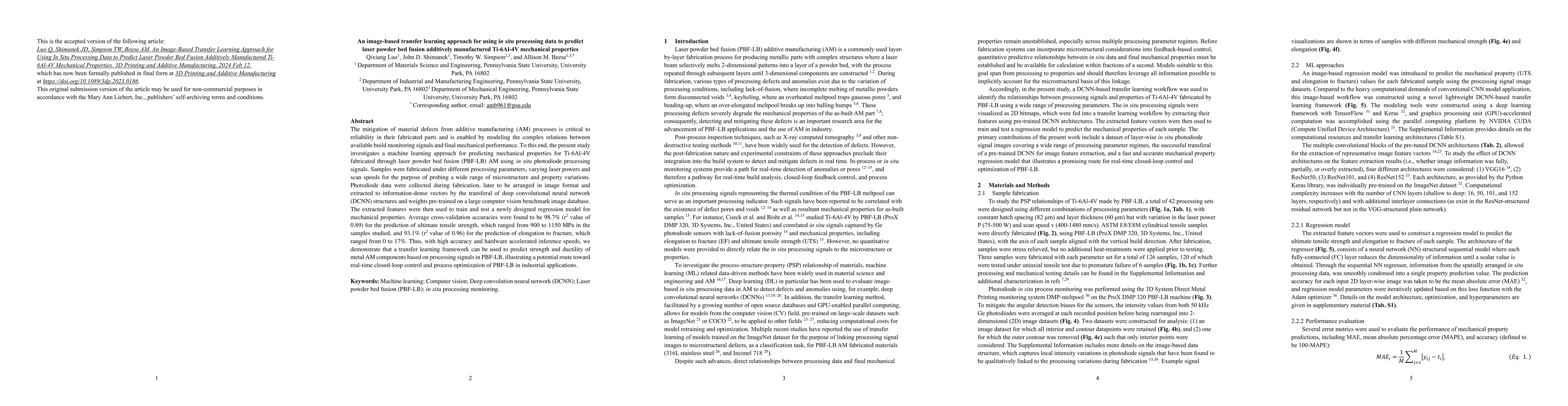 Thumbnail for An image-based transfer learning approach for using in situ processing
  data to predict laser powder bed fusion additively manufactured Ti-6Al-4V
  mechanical properties