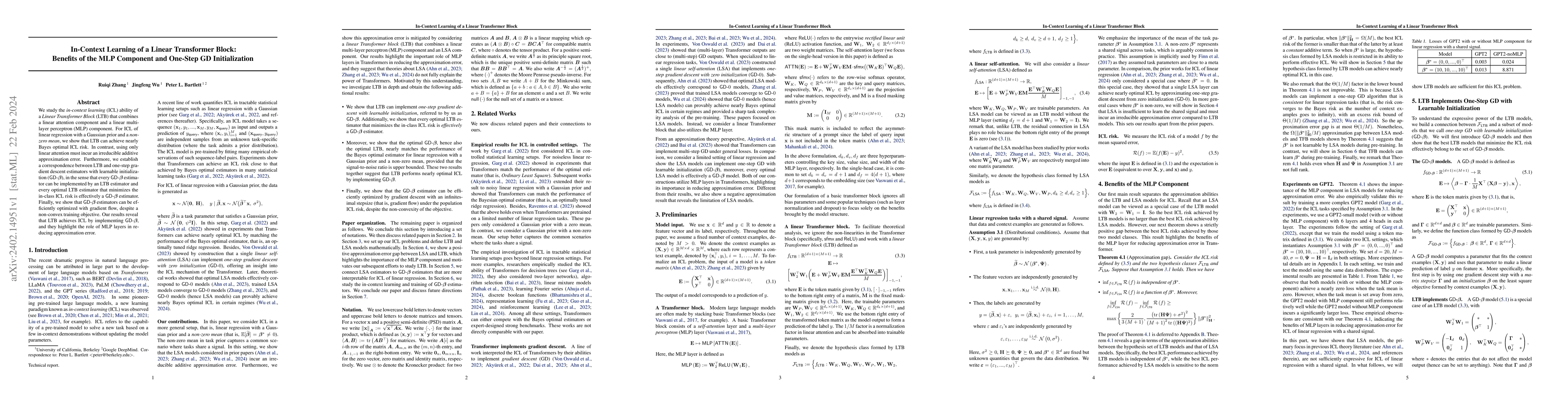 Thumbnail for In-Context Learning of a Linear Transformer Block: Benefits of the MLP
  Component and One-Step GD Initialization