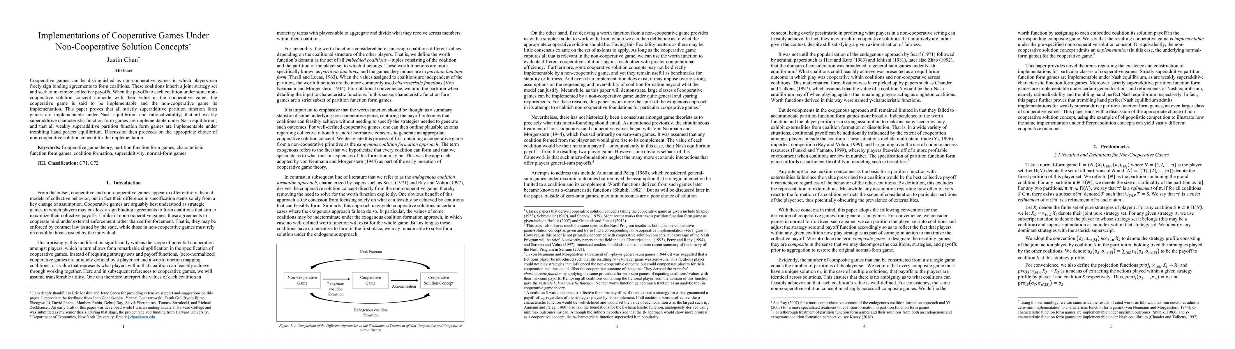 Thumbnail for Implementations of Cooperative Games Under Non-Cooperative Solution
  Concepts