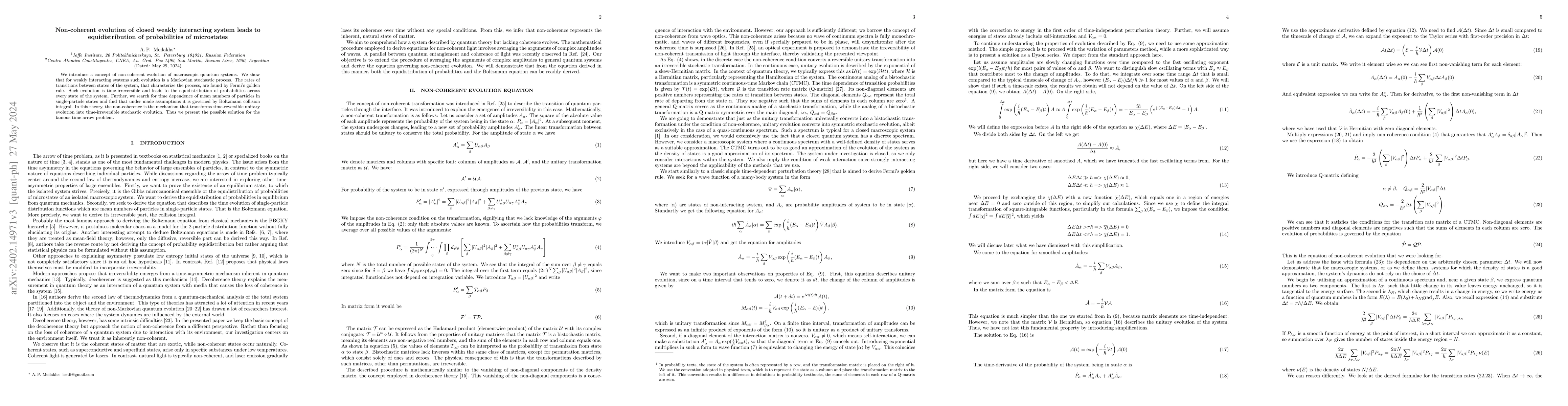 Thumbnail for Non-coherent evolution of closed weakly interacting system leads to
  equidistribution of probabilities of microstates