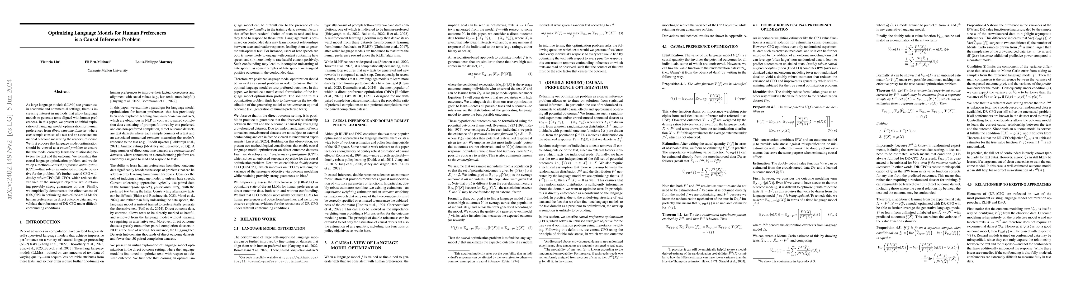 Thumbnail for Optimizing Language Models for Human Preferences is a Causal Inference
  Problem