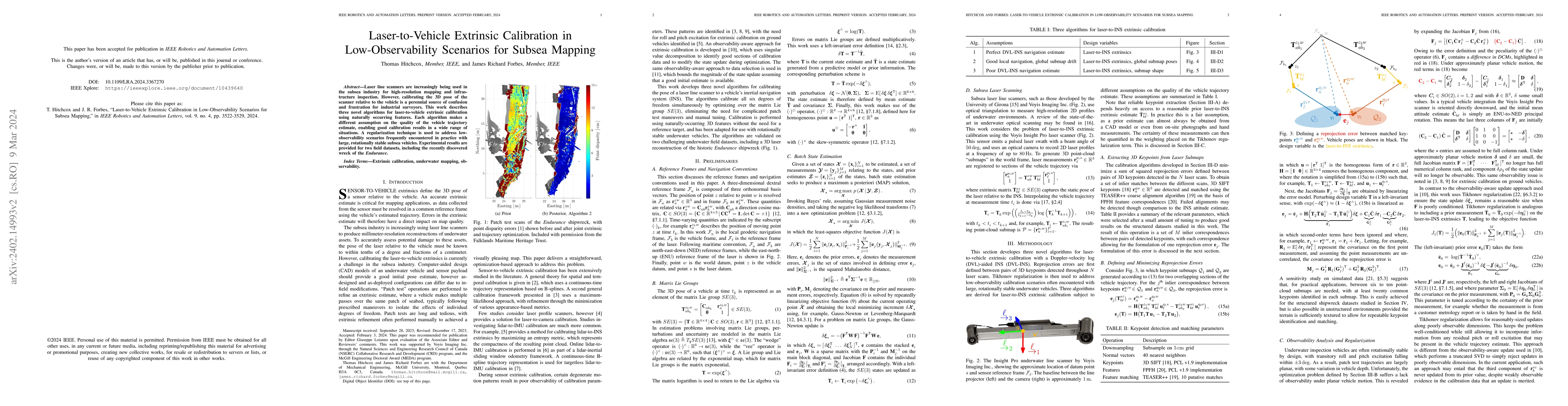 Thumbnail for Laser-to-Vehicle Extrinsic Calibration in Low-Observability Scenarios
  for Subsea Mapping