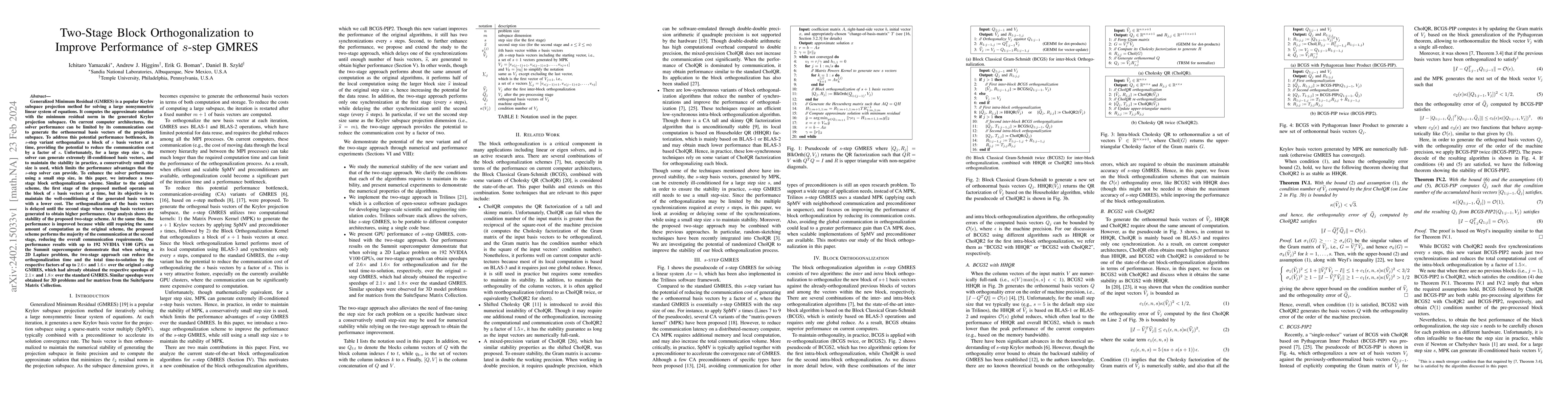Thumbnail for Two-Stage Block Orthogonalization to Improve Performance of $s$-step
  GMRES