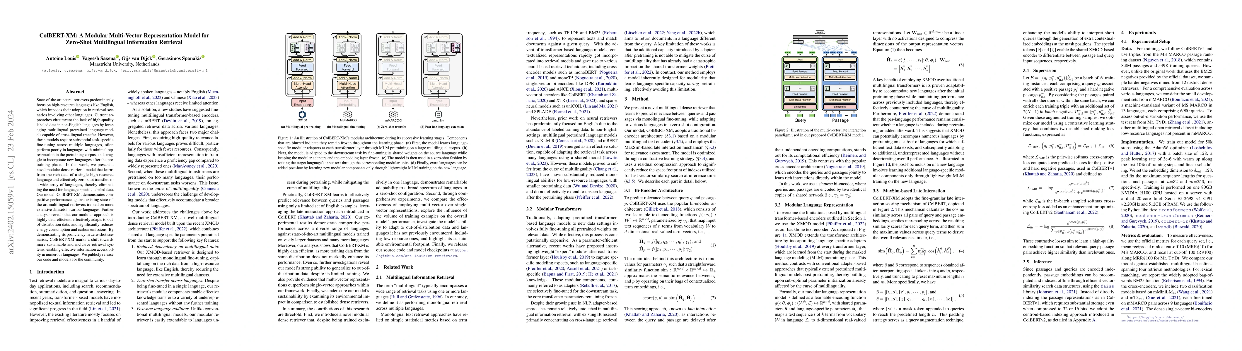 Thumbnail for ColBERT-XM: A Modular Multi-Vector Representation Model for Zero-Shot
  Multilingual Information Retrieval