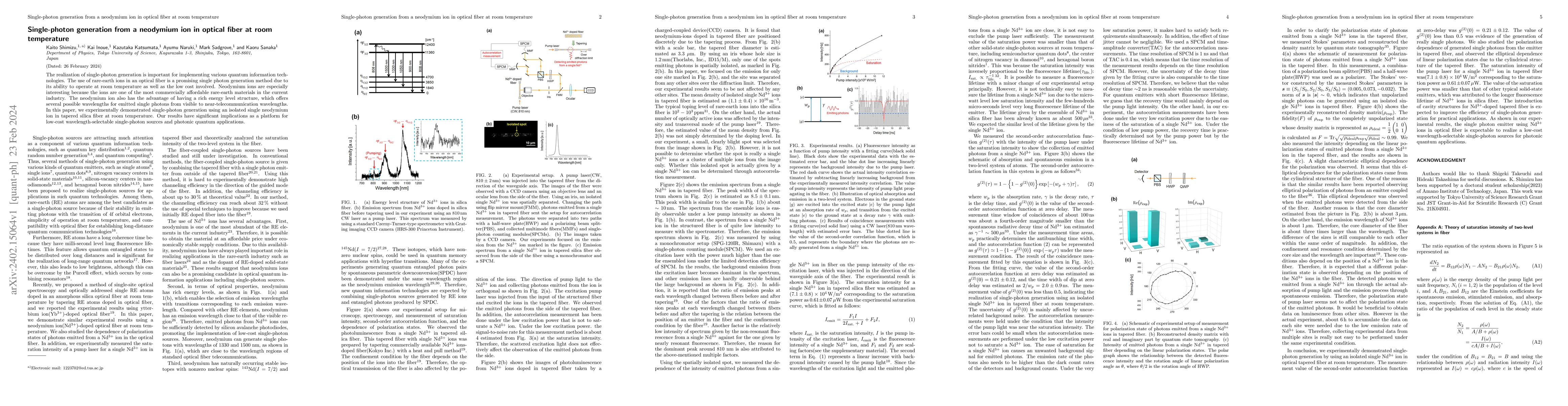 Thumbnail for Single-photon generation from a neodymium ion in optical fiber at room
  temperature