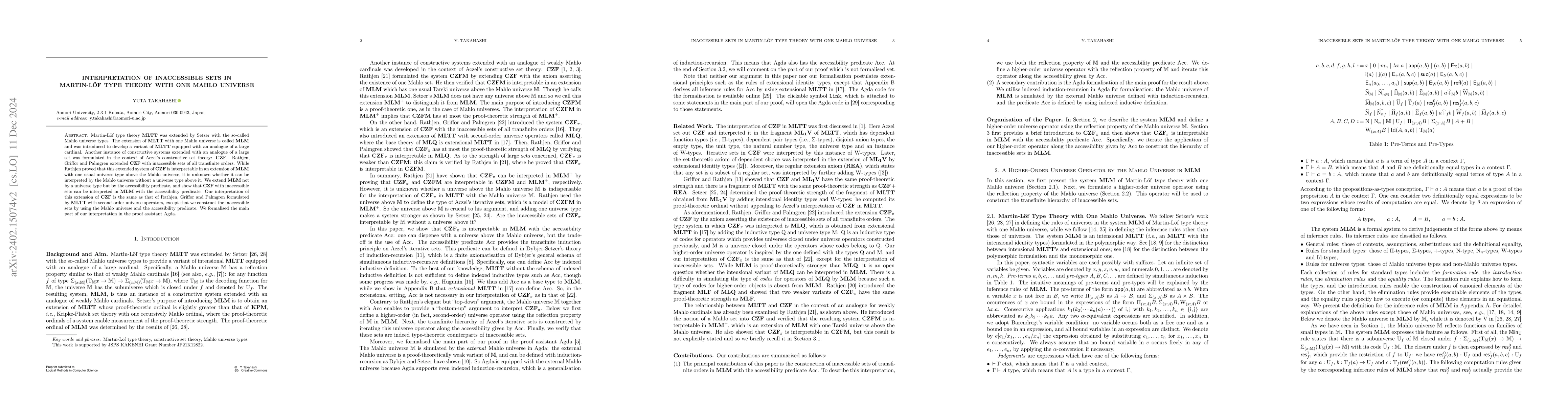 Thumbnail for Interpretation of Inaccessible Sets in Martin-L\"{o}f Type Theory with
  One Mahlo Universe