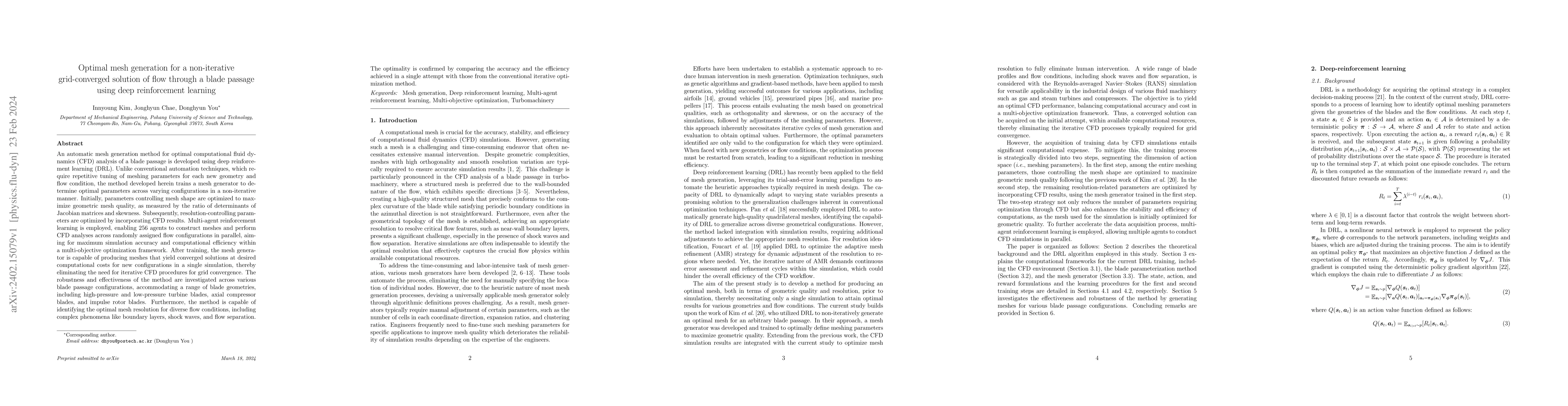 Thumbnail for Optimal mesh generation for a non-iterative grid-converged solution of
  flow through a blade passage using deep reinforcement learning