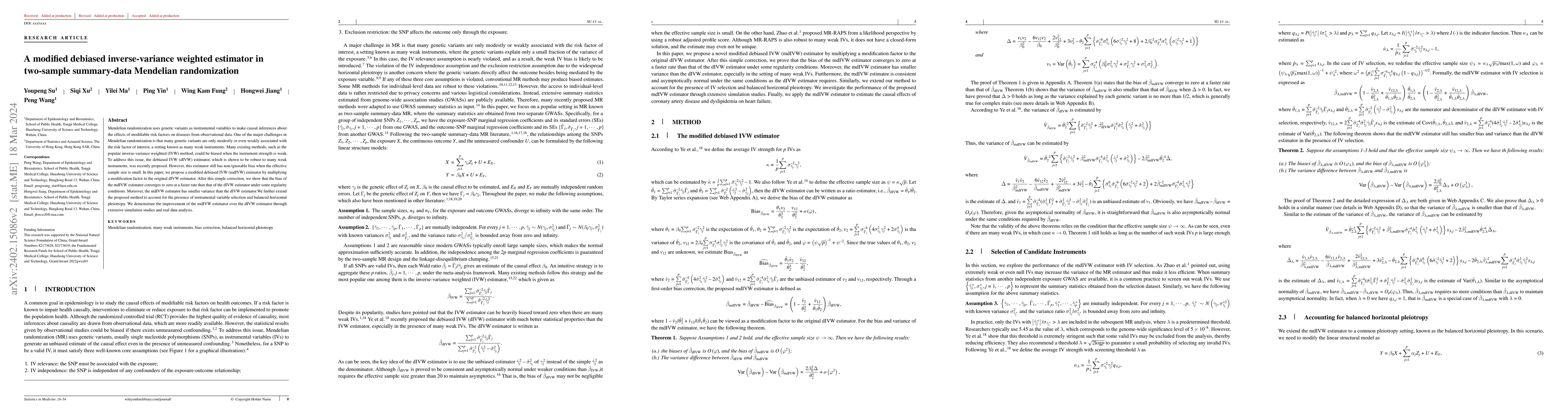 Thumbnail for A modified debiased inverse-variance weighted estimator in two-sample
  summary-data Mendelian randomization