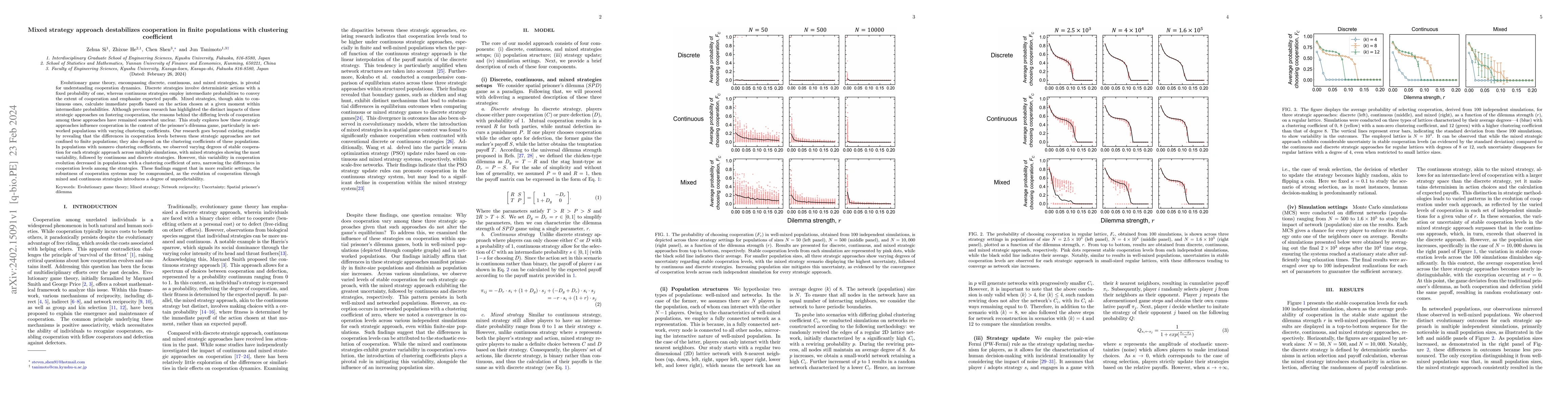 Thumbnail for Mixed strategy approach destabilizes cooperation in finite populations
  with clustering coefficient