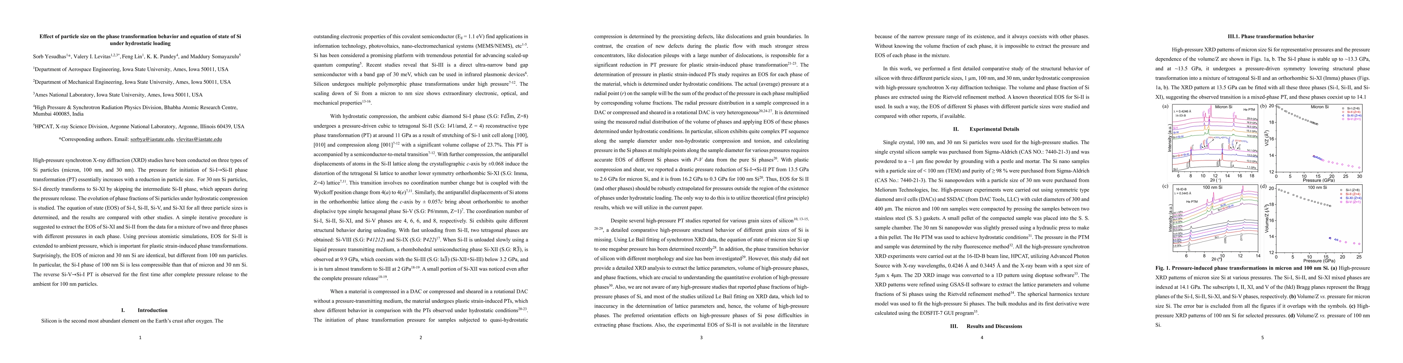 Thumbnail for Effect of particle size on the phase transformation behavior and
  equation of state of Si under hydrostatic loading