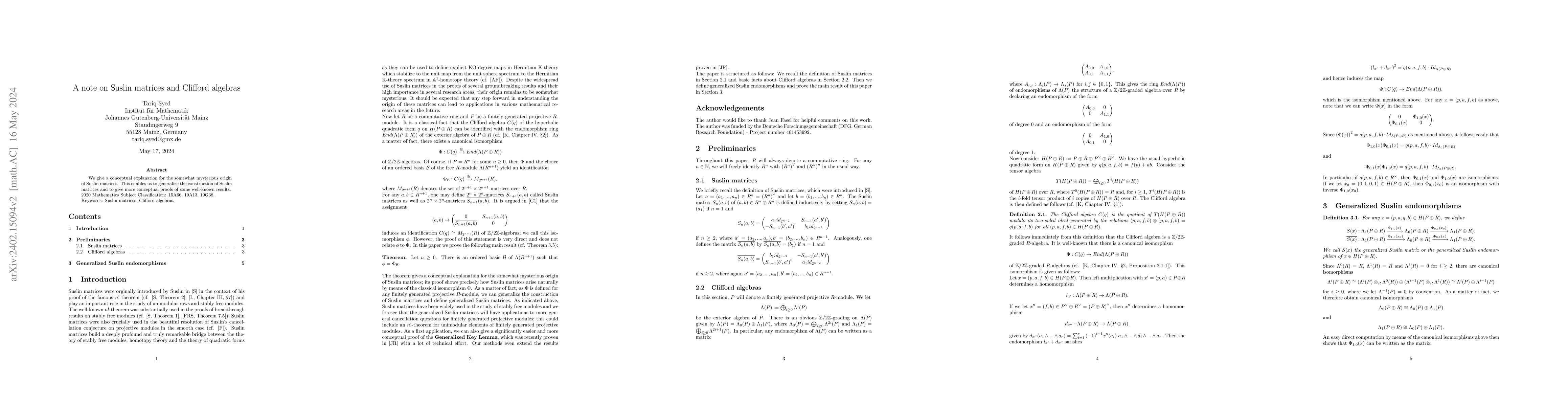 Thumbnail for A note on Suslin matrices and Clifford algebras