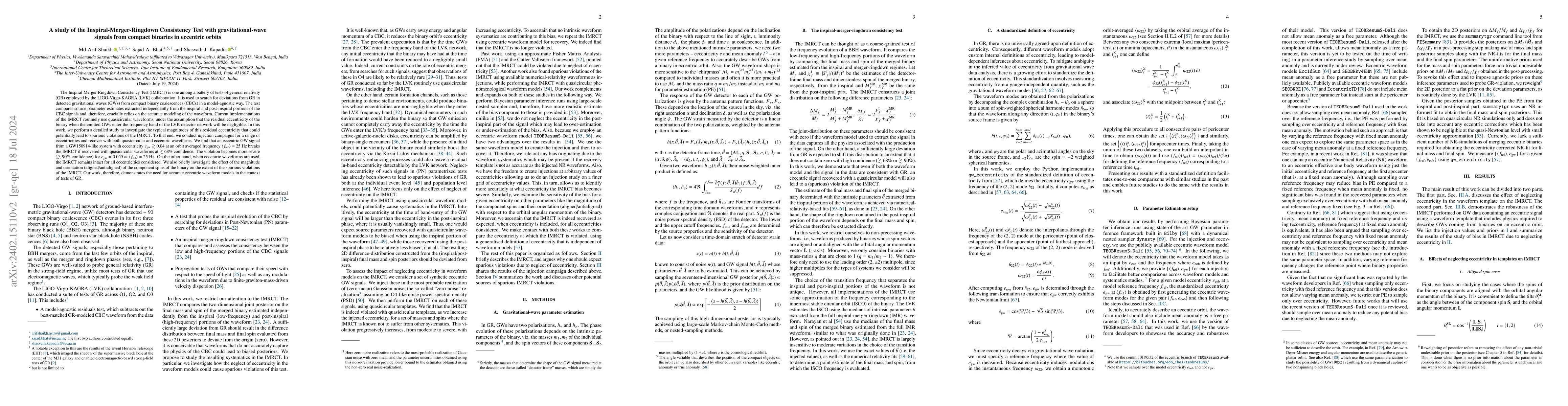 Thumbnail for A study of the Inspiral-Merger-Ringdown Consistency Test with
  gravitational-wave signals from compact binaries in eccentric orbits