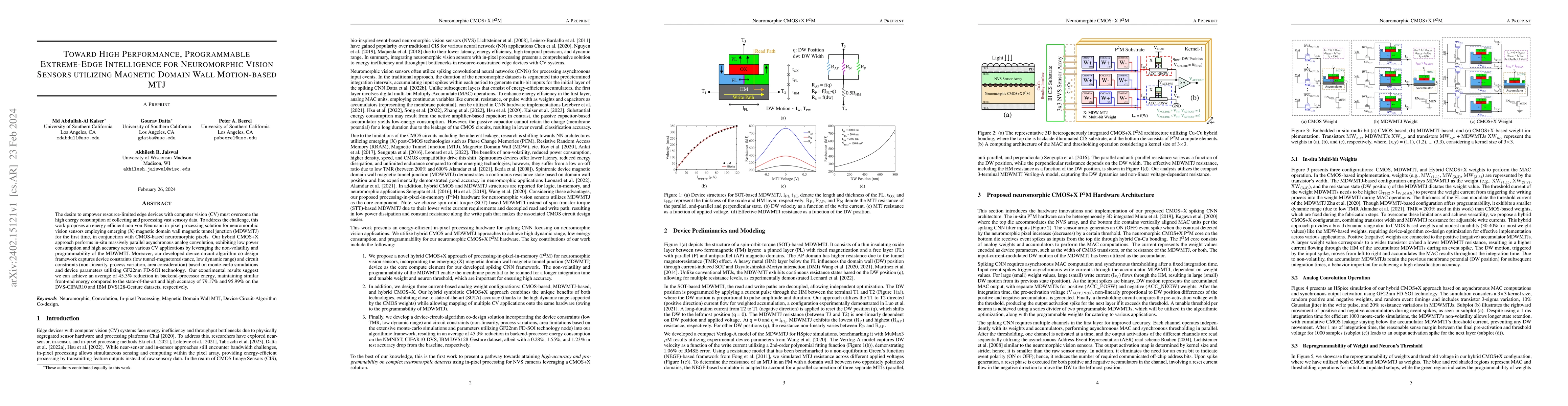 Thumbnail for Toward High Performance, Programmable Extreme-Edge Intelligence for
  Neuromorphic Vision Sensors utilizing Magnetic Domain Wall Motion-based MTJ