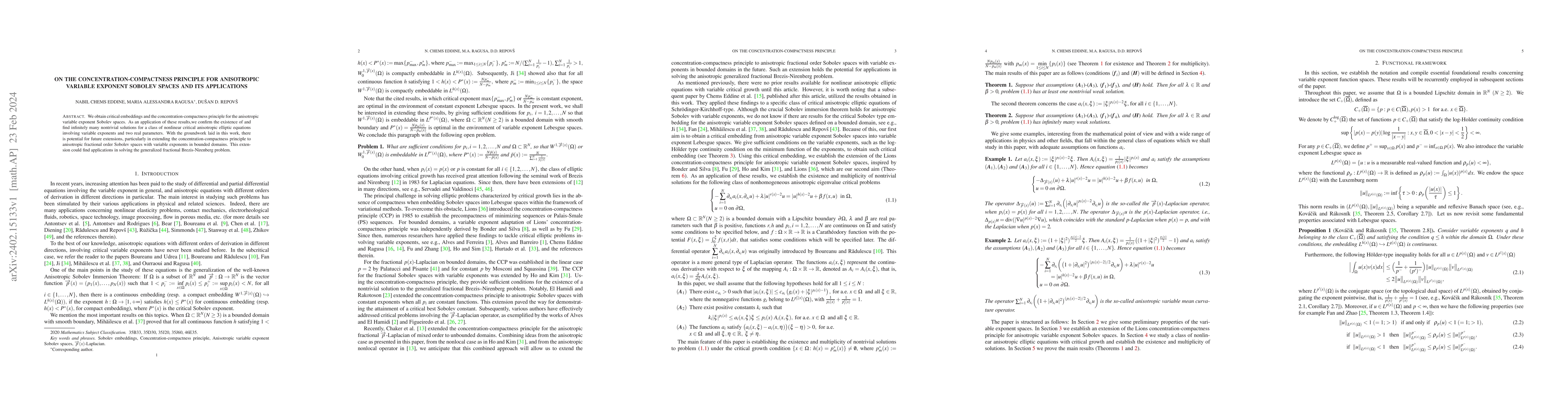 Thumbnail for On the concentration-compactness principle for anisotropic variable
  exponent Sobolev spaces and its applications