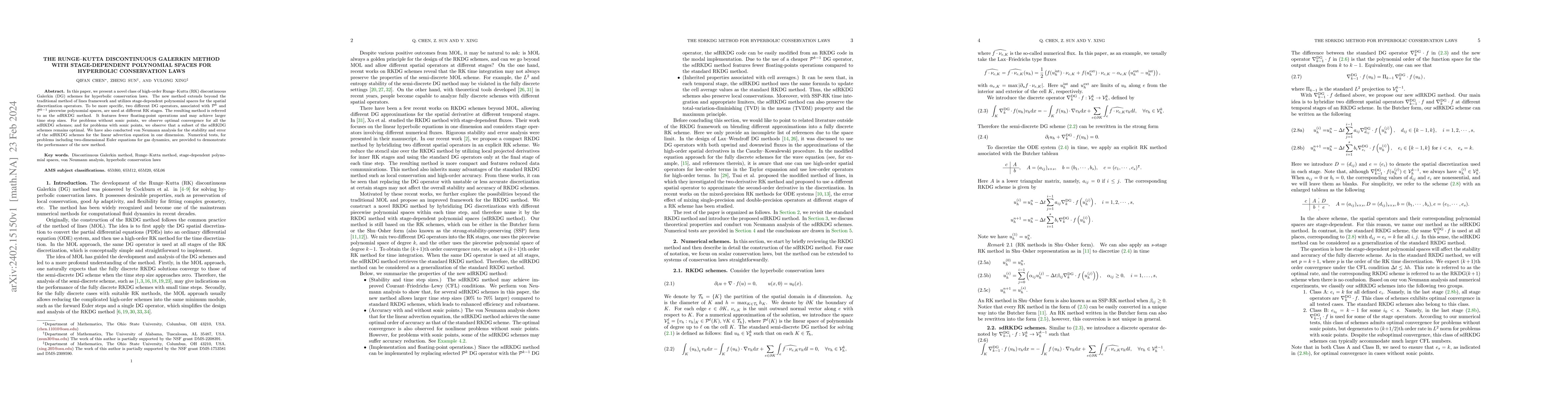 Thumbnail for The Runge--Kutta discontinuous Galerkin method with stage-dependent
  polynomial spaces for hyperbolic conservation laws