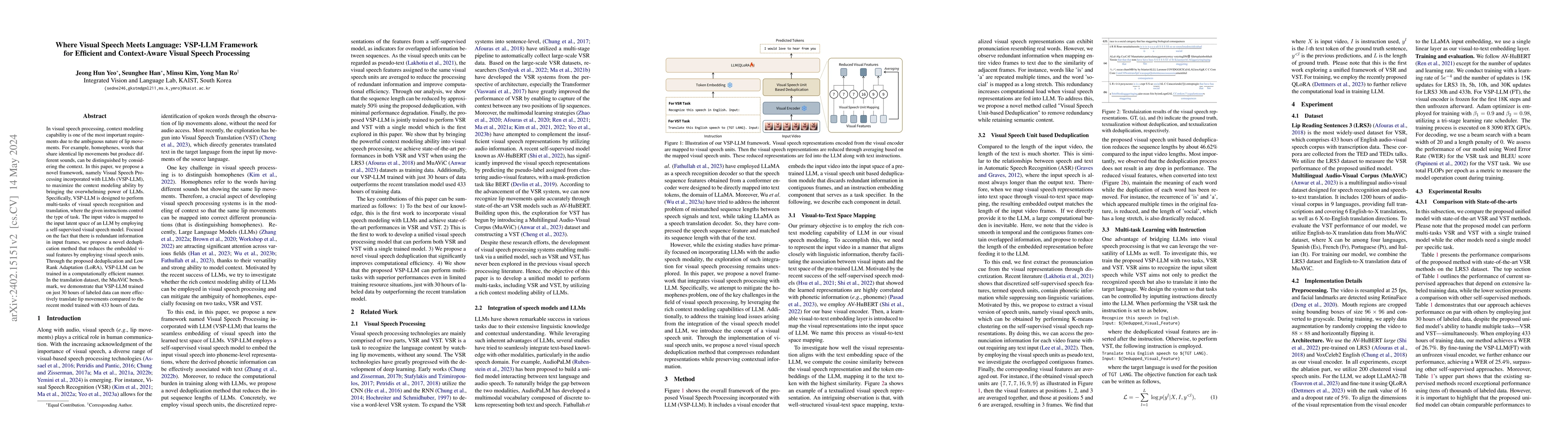 Thumbnail for Where Visual Speech Meets Language: VSP-LLM Framework for Efficient and
  Context-Aware Visual Speech Processing