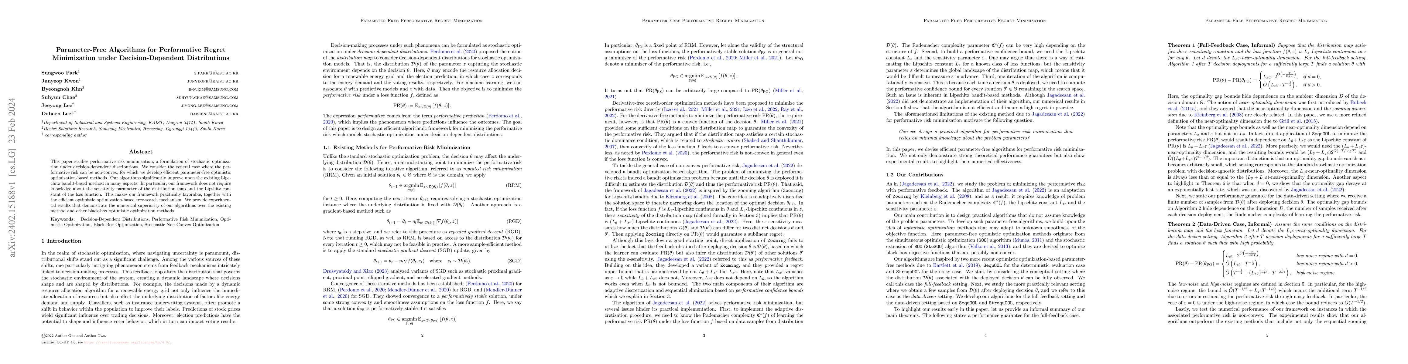 Thumbnail for Parameter-Free Algorithms for Performative Regret Minimization under
  Decision-Dependent Distributions