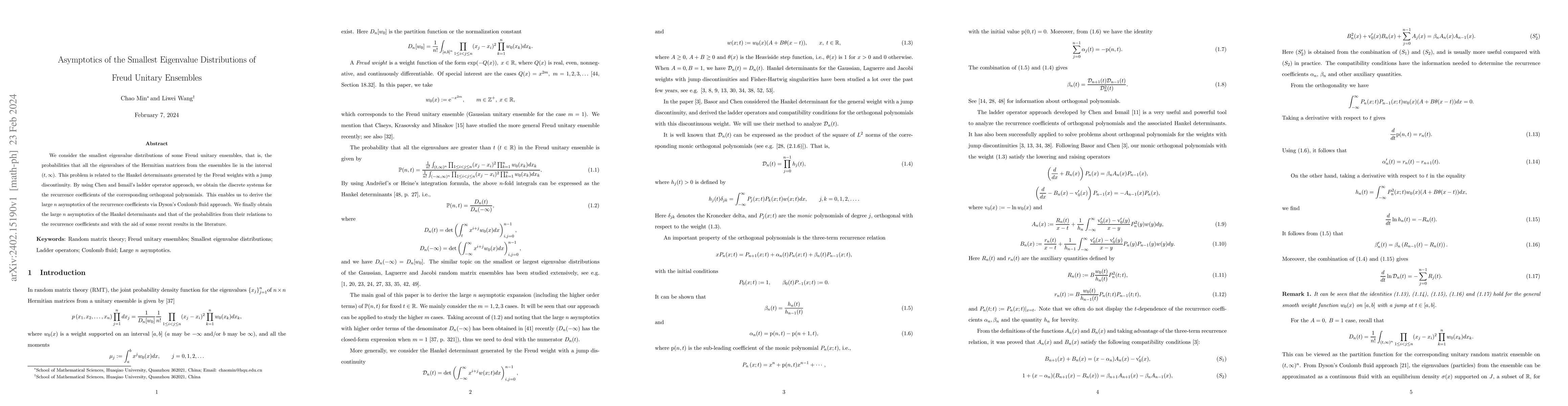 Thumbnail for Asymptotics of the Smallest Eigenvalue Distributions of Freud Unitary
  Ensembles