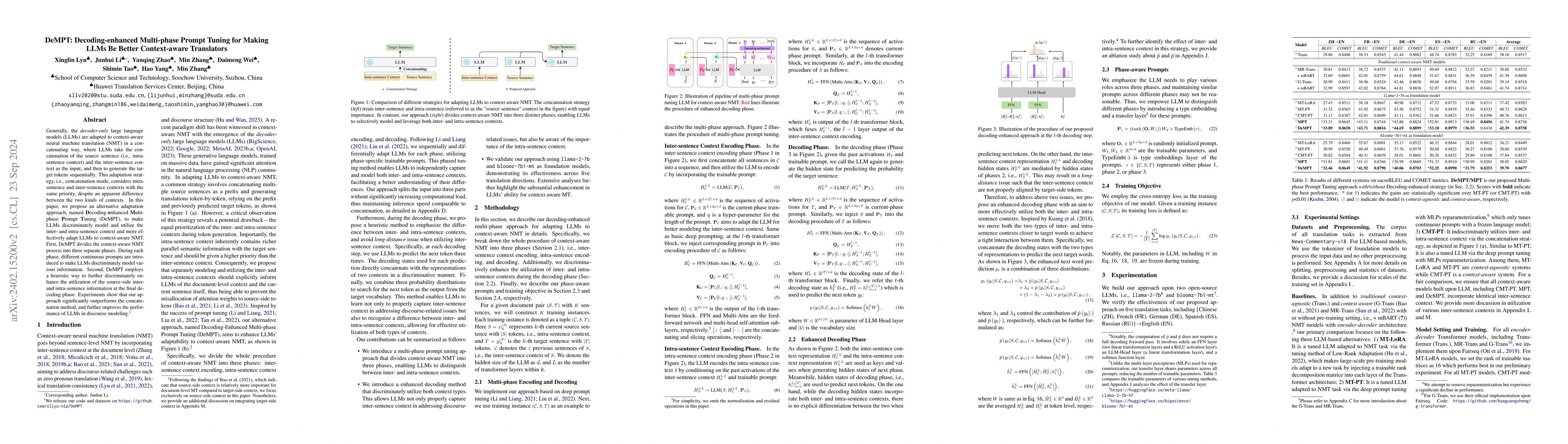 Thumbnail for DeMPT: Decoding-enhanced Multi-phase Prompt Tuning for Making LLMs Be
  Better Context-aware Translators